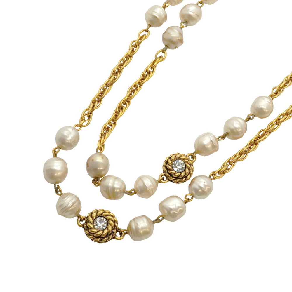Chanel necklace, Coco Mark design, GP plated, faux pearl, rhinestone, gold, w...
